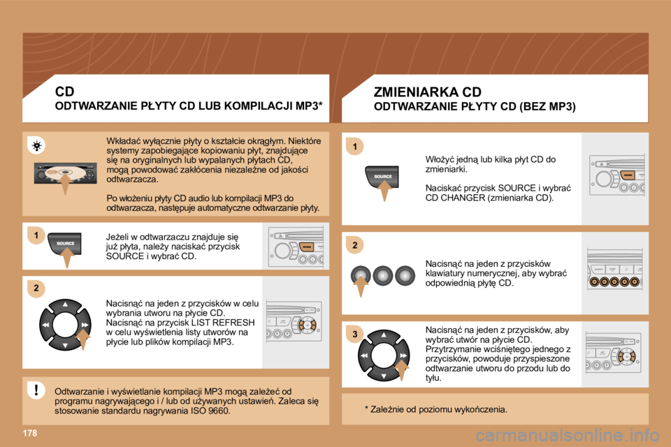 PEUGEOT 207 2005.5  Instrukcja obsługi (in Polish) �1 
�2 
�3
�1�7�8
�1 
�2
�Z�M�I�E�N�I�A�R�K�A� �C�D
�O�D�T�W�A�R�Z�A�N�I�E� �P�Ł�Y�T�Y� �C�D� �(�B�E�Z� �M�P�3�)
�W�ł�oG�y�ć� �j�e�d�n"� �l�u�b� �k�i�l�k�a� �p�ł�y�t� �C�D� �d�o�  
�z�m�i�e�