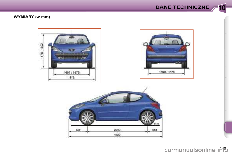 PEUGEOT 207 2005.5  Instrukcja obsługi (in Polish) �1�0�D�A�N�E� �T�E�C�H�N�I�C�Z�N�E
�1�4�9
�W�Y�M�I�A�R�Y� �(�w� �m�m�)   