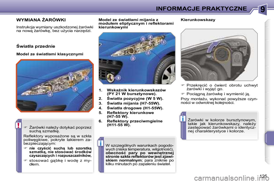 PEUGEOT 207 2005.5  Instrukcja obsługi (in Polish) �9
�!
�i
�i
�I�N�F�O�R�M�A�C�J�E� �P�R�A�K�T�Y�C�Z�N�E
�1�2�5
�W�Y�M�I�A�N�A� F�A�R�Ó�W�K�I
�I�n�s�t�r�u�k�c�j�a� �w�y�m�i�a�n�y� �u�s�z�k�o�d�z�o�n�e�j� *�a�r�ó�w�k�i�  
�n�a� �n�o�w� *�a�r�ó