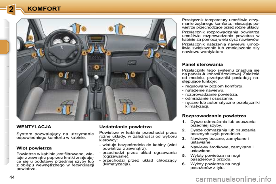 PEUGEOT 207 2005.5  Instrukcja obsługi (in Polish) �2�K�O�M�F�O�R�T
�4�4
�W�E�N�T�Y�L�A�C�J�A
�S�y�s�t�e�m�  �p�o�z�w�a�l�a�j"�c�y�  �n�a�  �u�t�r�z�y�m�a�n�i�e�  
�o�d�p�o�w�i�e�d�n�i�e�g�o� �k�o�m�f�o�r�t�u� �w� �k�a�b�i�n�i�e�.
�U�z�d�a�t�n�i�
