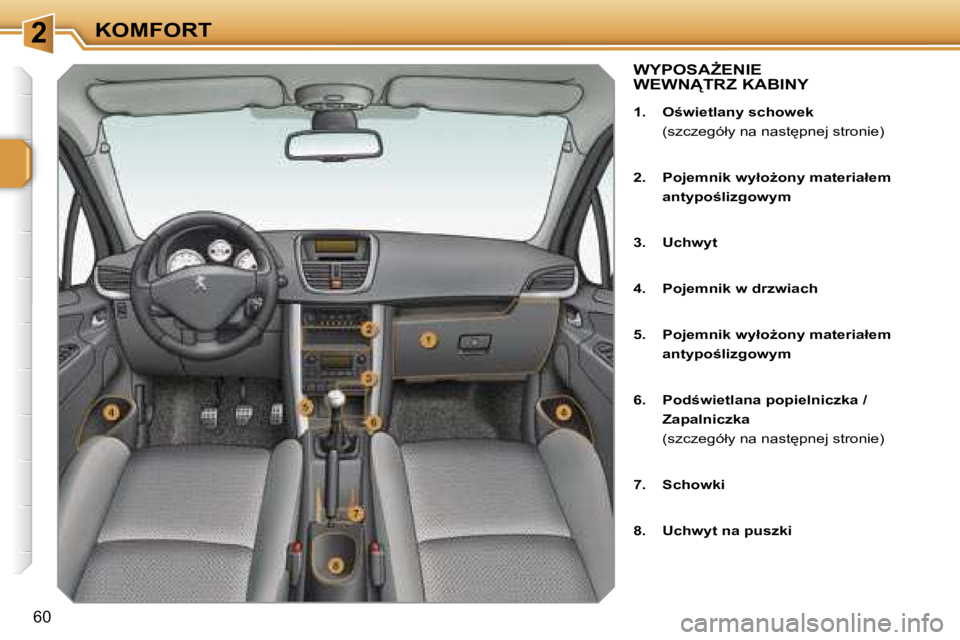 PEUGEOT 207 2005.5  Instrukcja obsługi (in Polish) �2�K�O�M�F�O�R�T
�6�0
�W�Y�P�O�S�AF�E�N�I�E�  
�W�E�W�N!�T�R�Z� �K�A�B�I�N�Y
�1�.�  �O�w�i�e�t�l�a�n�y� �s�c�h�o�w�e�k�(�s�z�c�z�e�g�ó�ł�y� �n�a� �n�a�s�t
�p�n�e�j� �s�t�r�o�n�i�e�)
�2�.�  �P�o