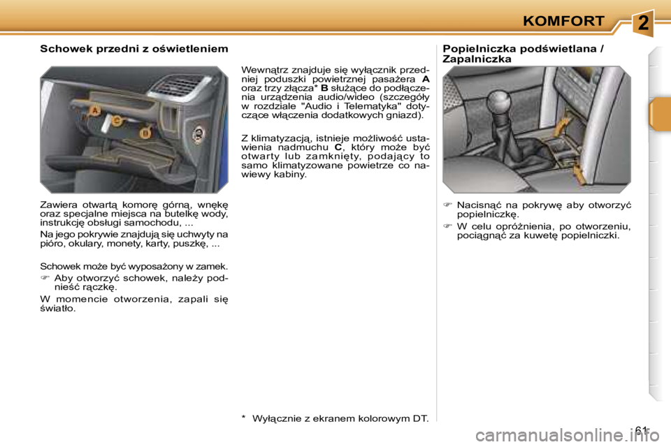 PEUGEOT 207 2005.5  Instrukcja obsługi (in Polish) �2�K�O�M�F�O�R�T
�6�1
�S�c�h�o�w�e�k� �p�r�z�e�d�n�i� �z� �o�w�i�e�t�l�e�n�i�e�m
�Z�a�w�i�e�r�a�  �o�t�w�a�r�t"�  �k�o�m�o�r
�  �g�ó�r�n"�,�  �w�n
�k
�  
�o�r�a�z� �s�p�e�c�j�a�l�n�e� 