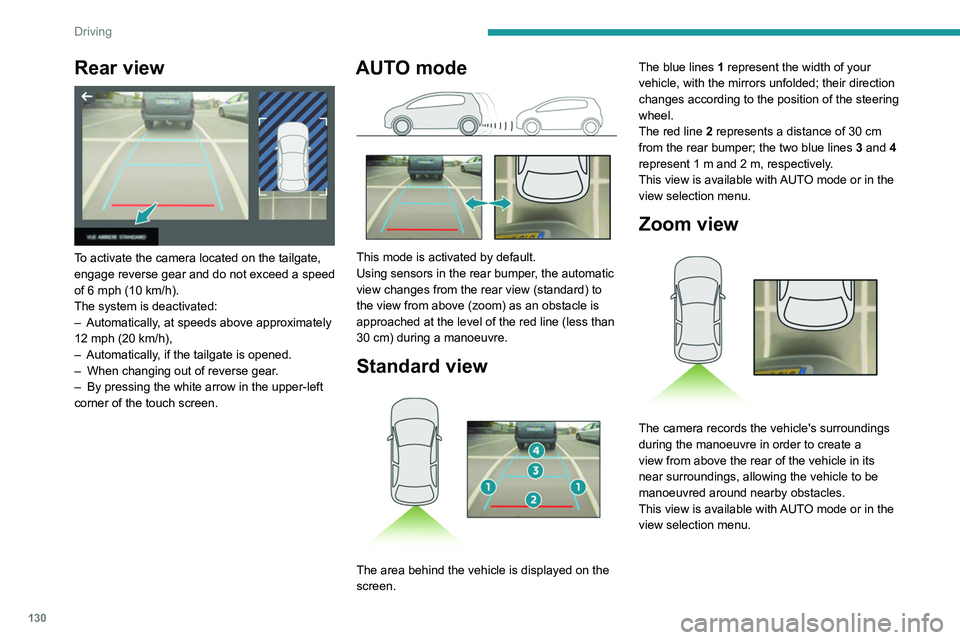 PEUGEOT 208 2021 Owners Manual 130
Driving
Rear view
To activate the camera located on the tailgate,
engage reverse gear and do not exceed a speed
of 6 mph (10 km/h).
The system is deactivated:
–
Automatically
, at speed PEUGEOT 208 2021 Owners Manual 130
Driving
Rear view
To activate the camera located on the tailgate,
engage reverse gear and do not exceed a speed
of 6 mph (10 km/h).
The system is deactivated:
–
Automatically
, at speed