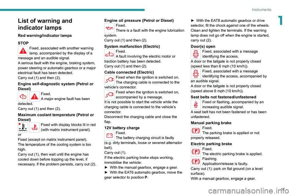 PEUGEOT 208 2021  Owners Manual 13
Instruments
1List of warning and 
indicator lamps
Red warning/indicator lamps
STOP
Fixed, associated with another warning 
lamp, accompanied by the display of a 
message and an audible signal.
A se