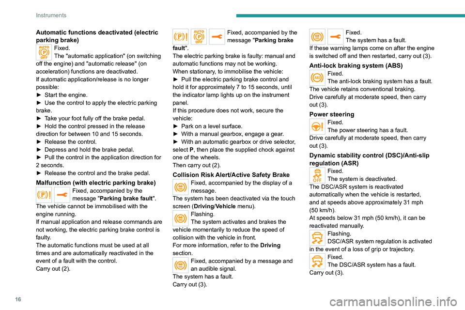 PEUGEOT 208 2021  Owners Manual 16
Instruments
Automatic functions deactivated (electric 
parking brake)
Fixed.
The "automatic application" (on switching 
off the engine) and "automatic release" (on 
acceleration) fu