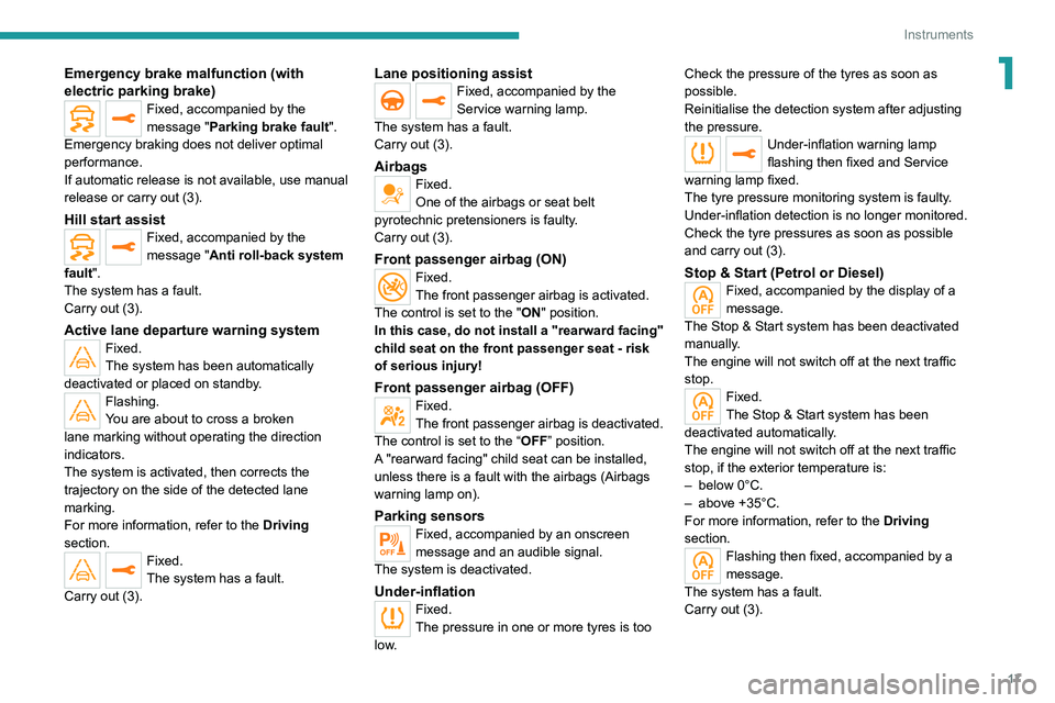 PEUGEOT 208 2021  Owners Manual 17
Instruments
1Emergency brake malfunction (with 
electric parking brake)
Fixed, accompanied by the 
message "Parking brake fault".
Emergency braking does not deliver optimal 
performance.
If