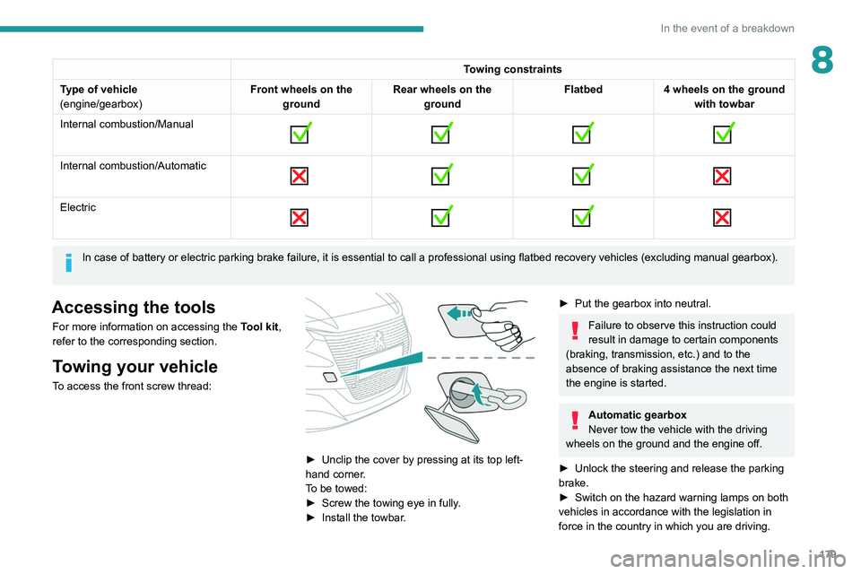 PEUGEOT 208 2021 Owners Manual 179
In the event of a breakdown
8Towing constraints
Type of vehicle
(engine/gearbox) Front wheels on the
ground Rear wheels on the
ground Flatbed
4 wheels on the ground
with towbar
Internal combust PEUGEOT 208 2021 Owners Manual 179
In the event of a breakdown
8Towing constraints
Type of vehicle
(engine/gearbox) Front wheels on the
ground Rear wheels on the
ground Flatbed
4 wheels on the ground
with towbar
Internal combust