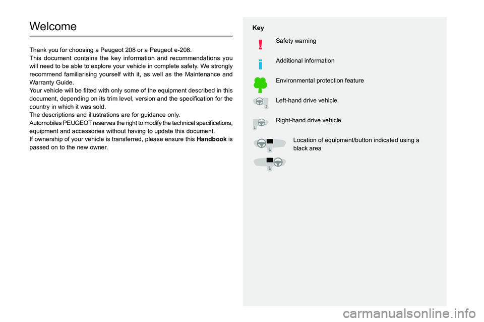 PEUGEOT 208 2021  Owners Manual   
 
 
 
  
   
   
 
  
 
  
 
 
   
 
 
   
 
 
  
Welcome
Thank you for choosing a Peugeot 208 or a Peugeot e-208.
This document contains the key information and recommendations you 
will need to b