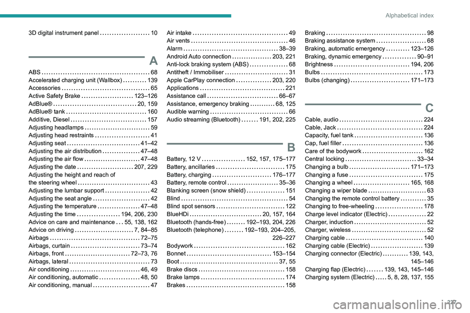 PEUGEOT 208 2021 Owners Manual 237
Alphabetical index
3D digital instrument panel 10
A
ABS 68
Accelerated charging unit (Wallbox)
139
Accessories
65
Active Safety Brake
123–126
AdBlue®
20, 159
AdBlue® PEUGEOT 208 2021 Owners Manual 237
Alphabetical index
3D digital instrument panel 10
A
ABS 68
Accelerated charging unit (Wallbox)
139
Accessories
65
Active Safety Brake
123–126
AdBlue®
20, 159
AdBlue®