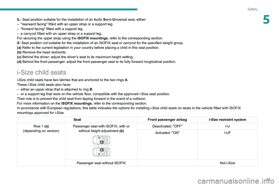 PEUGEOT 208 2021 Manual Online 81
Safety
5IL: Seat position suitable for the installation of an I sofix Semi-Universal seat, either:
–  "rearward facing" fitted with an upper strap or a support leg.
–
 
"forward fac