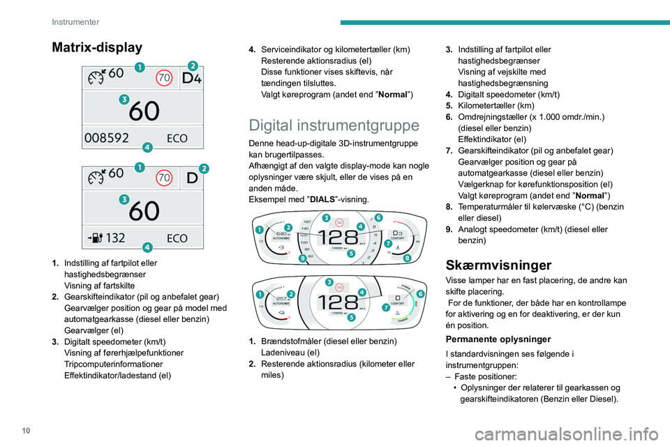 PEUGEOT 208 2021 Brugsanvisning (in Danish) 10
Instrumenter
Matrix-display
1. Indstilling af fartpilot eller
hastighedsbegrænser
Visning af fartskilte
2. Gearskifteindikator (pil og anbefalet gear)
Gearvælger position og gear på mode PEUGEOT 208 2021 Brugsanvisning (in Danish) 10
Instrumenter
Matrix-display
1. Indstilling af fartpilot eller
hastighedsbegrænser
Visning af fartskilte
2. Gearskifteindikator (pil og anbefalet gear)
Gearvælger position og gear på mode