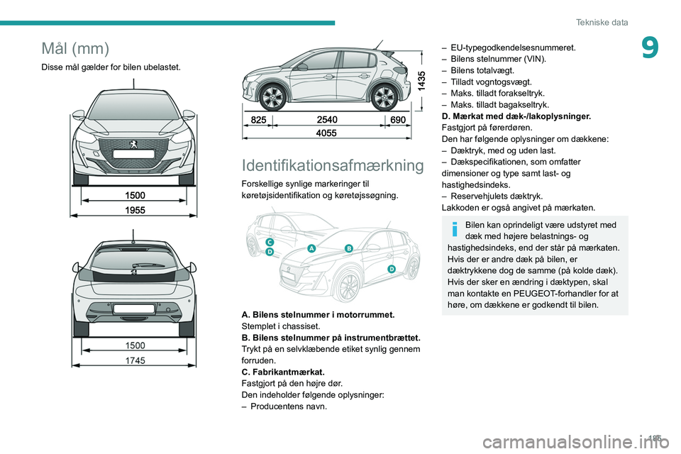 PEUGEOT 208 2021  Brugsanvisning (in Danish) 185
Tekniske data
9Mål (mm)
Disse mål gælder for bilen ubelastet. 
 
 
 
 
 
Identifikationsafmærkning
Forskellige synlige markeringer til 
køretøjsidentifikation og køretøjssøgning.
 
 
A. B