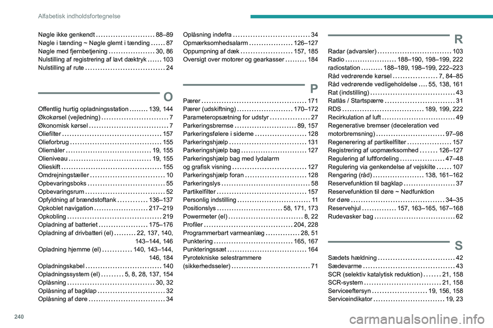 PEUGEOT 208 2021  Brugsanvisning (in Danish) 240
Alfabetisk indholdsfortegnelse
Nøgle ikke genkendt     88–89
Nøgle i tænding ~ Nøgle glemt i tænding     
87
Nøgle med fjernbetjening
    
30, 86
Nulstilling af registrering af lavt dæktr