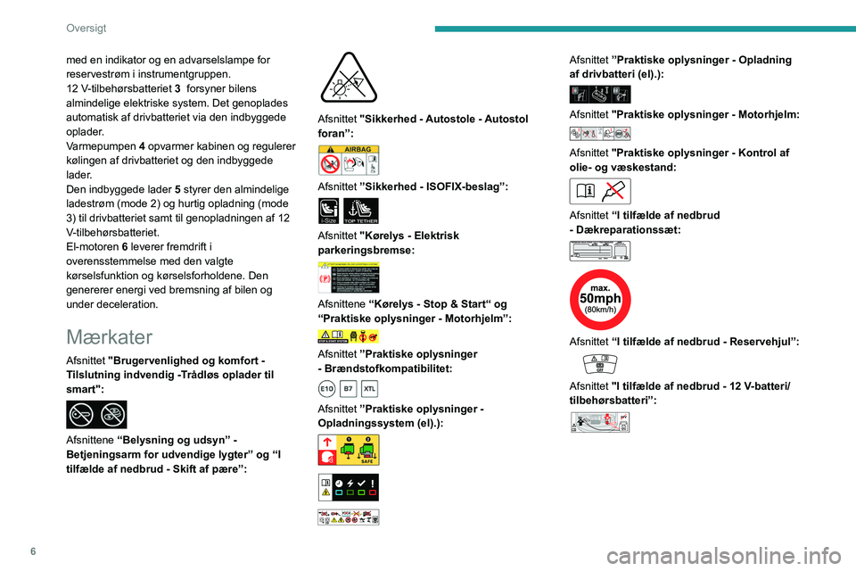 PEUGEOT 208 2021  Brugsanvisning (in Danish) 6
Oversigt
med en indikator og en advarselslampe for 
reservestrøm i instrumentgruppen.
12 V-tilbehørsbatteriet 3  forsyner bilens 
almindelige elektriske system. Det genoplades 
automatisk af drivb