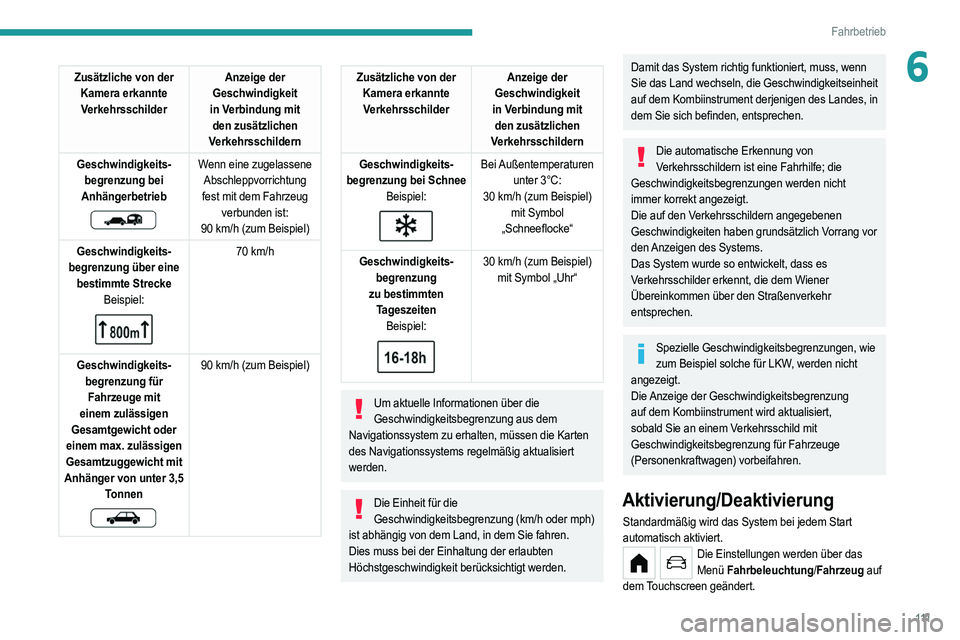 PEUGEOT 208 2021 Betriebsanleitungen (in German) 111
Fahrbetrieb
6Zusätzliche von der Kamera erkannte Verkehrsschilder Anzeige der
Geschwindigkeit
in Verbindung mit den zusätzlichen
Verkehrsschildern
Geschwindigkeits- begrenzung bei
Anhänger PEUGEOT 208 2021 Betriebsanleitungen (in German) 111
Fahrbetrieb
6Zusätzliche von der Kamera erkannte Verkehrsschilder Anzeige der
Geschwindigkeit
in Verbindung mit den zusätzlichen
Verkehrsschildern
Geschwindigkeits- begrenzung bei
Anhänger