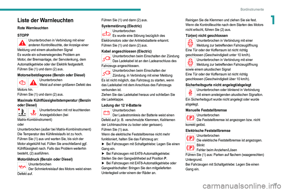 PEUGEOT 208 2021  Betriebsanleitungen (in German) 13
Bordinstrumente
1Liste der Warnleuchten
Rote Warnleuchten
STOPP
Ununterbrochen in Verbindung mit einer anderen Kontrollleuchte, der Anzeige einer 
Meldung und einem akustischen Signal
Es wurde ein 