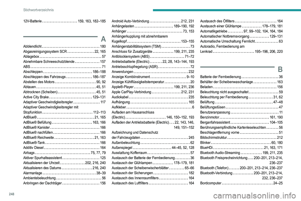 PEUGEOT 208 2021  Betriebsanleitungen (in German) 248
Stichwortverzeichnis
12V-Batterie     159, 163, 182–185
A
Abblendlicht     180
Abgasreinigungssystem SCR    
22, 165
Ablagebox
    
57
Abnehmbare Schneeschutzblende
   
157
ABS
    
71
Abschlepp