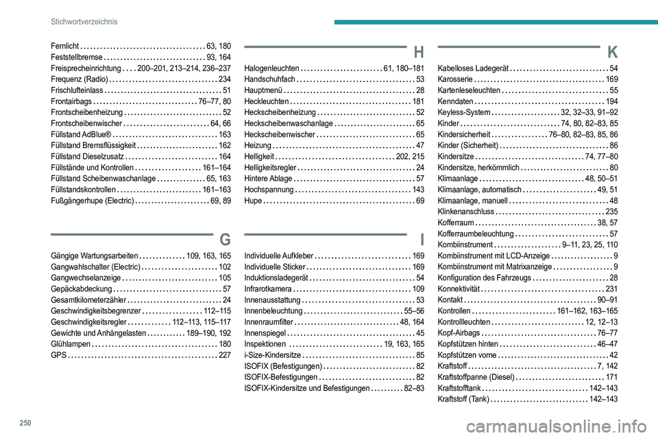 PEUGEOT 208 2021  Betriebsanleitungen (in German) 250
Stichwortverzeichnis
Fernlicht     63, 180
Feststellbremse     
93, 164
Freisprecheinrichtung
    
200–201, 213–214, 236–237
Frequenz (Radio)
    
234
Frischlufteinlass
    
51
Frontairbags
