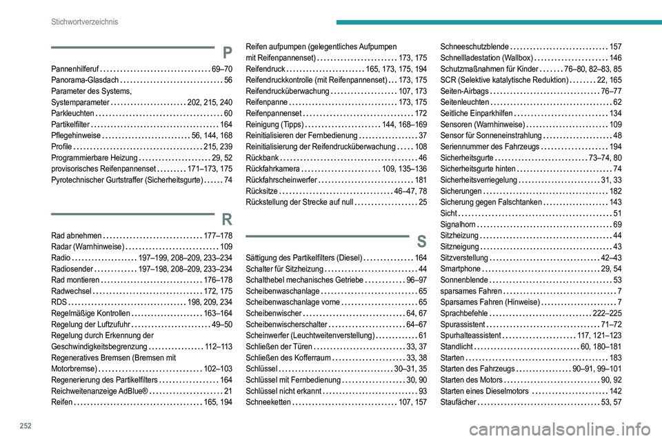PEUGEOT 208 2021  Betriebsanleitungen (in German) 252
Stichwortverzeichnis
P
Pannenhilferuf     69–70
Panorama-Glasdach     
56
Parameter des Systems,   
Systemparameter
    
202, 215, 240
Parkleuchten
    
60
Partikelfilter
    
164
Pflegehinweise