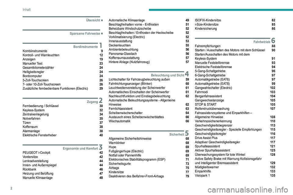 PEUGEOT 208 2021  Betriebsanleitungen (in German) 2
Inhalt
  ■
Übersicht
  ■
Sparsame Fahrweise
 1BordinstrumenteKombiinstrumente  9
Kontroll- und Warnleuchten  12
Anzeigen  19
Manueller Test  23
Gesamtkilometerzähler  24
Helligkeitsregler 