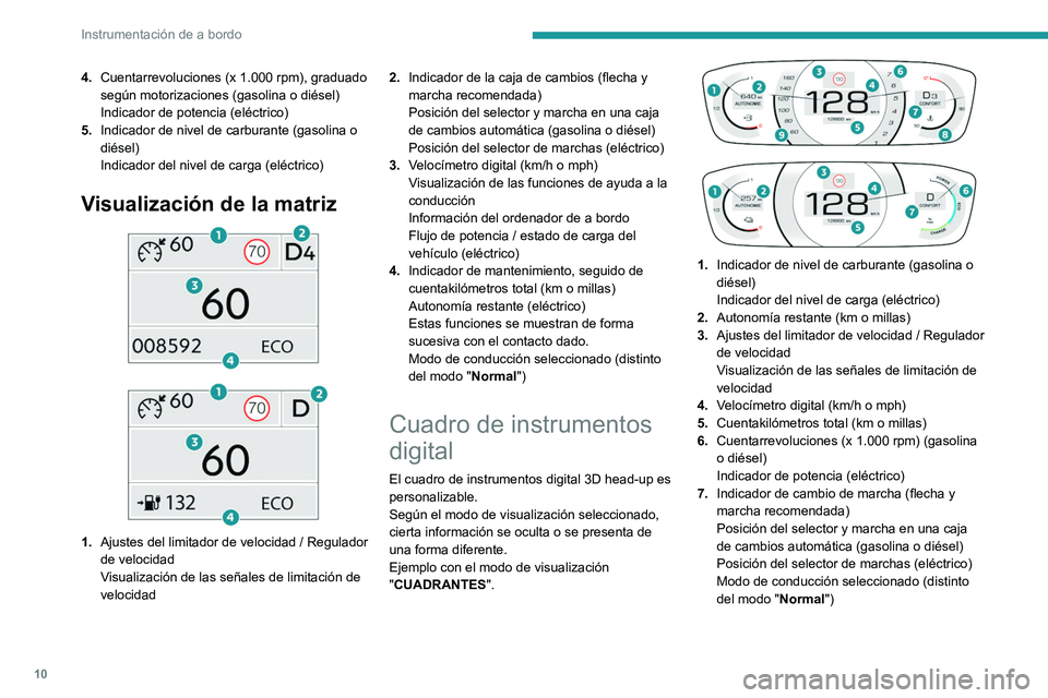 PEUGEOT 208 2021  Manual del propietario (in Spanish) 10
Instrumentación de a bordo
4.Cuentarrevoluciones (x 1.000 rpm), graduado 
según motorizaciones (gasolina o diésel)
Indicador de potencia (eléctrico)
5. Indicador de nivel de carburante (gasolin