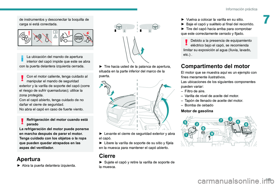 PEUGEOT 208 2021  Manual del propietario (in Spanish) 169
Información práctica
7de instrumentos y desconectar la boquilla de 
carga si está conectada.
La ubicación del mando de apertura 
interior del capó impide que este se abra 
con la puerta delan
