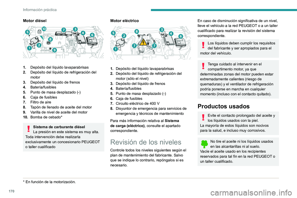 PEUGEOT 208 2021  Manual del propietario (in Spanish) 170
Información práctica
Aceite del motor
El nivel se comprueba una vez que el 
motor haya estado detenido al menos 
durante 30 minutos y sobre superficie nivelada, 
bien con el indicador de nivel d