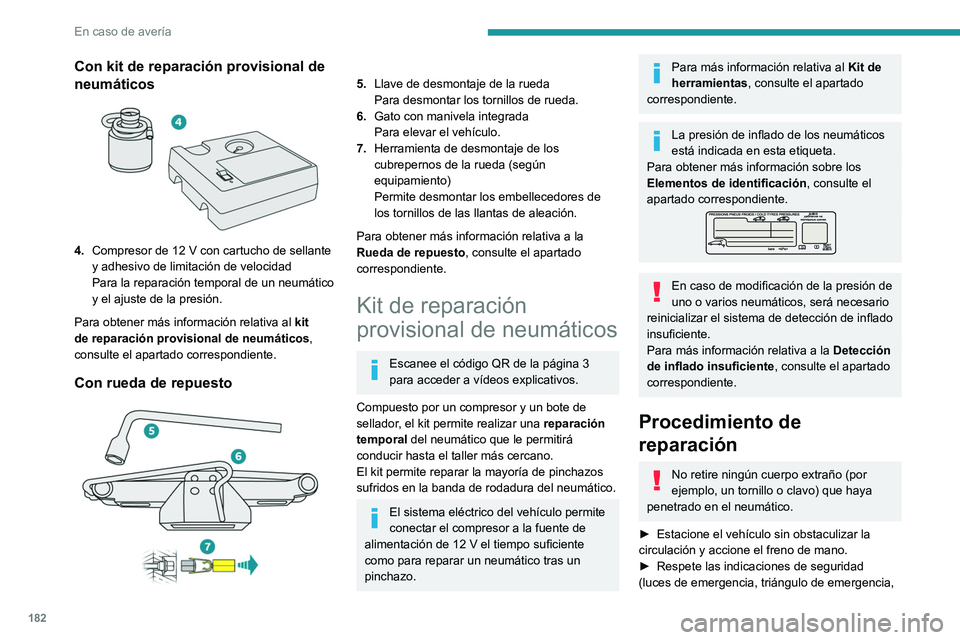 PEUGEOT 208 2021  Manual del propietario (in Spanish) 182
En caso de avería
Con kit de reparación provisional de 
neumáticos
 
 
4.Compresor de 12 V con cartucho de sellante 
y adhesivo de limitación de velocidad
Para la reparación temporal de un ne