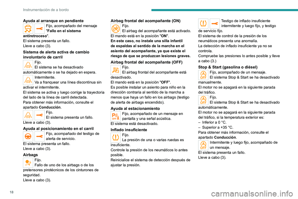 PEUGEOT 208 2021  Manual del propietario (in Spanish) 18
Instrumentación de a bordo
Ayuda al arranque en pendienteFijo, acompañado del mensaje 
"Fallo en el sistema 
antiretroceso".
El sistema presenta un fallo.
Lleve a cabo (3).
Sistema de ale