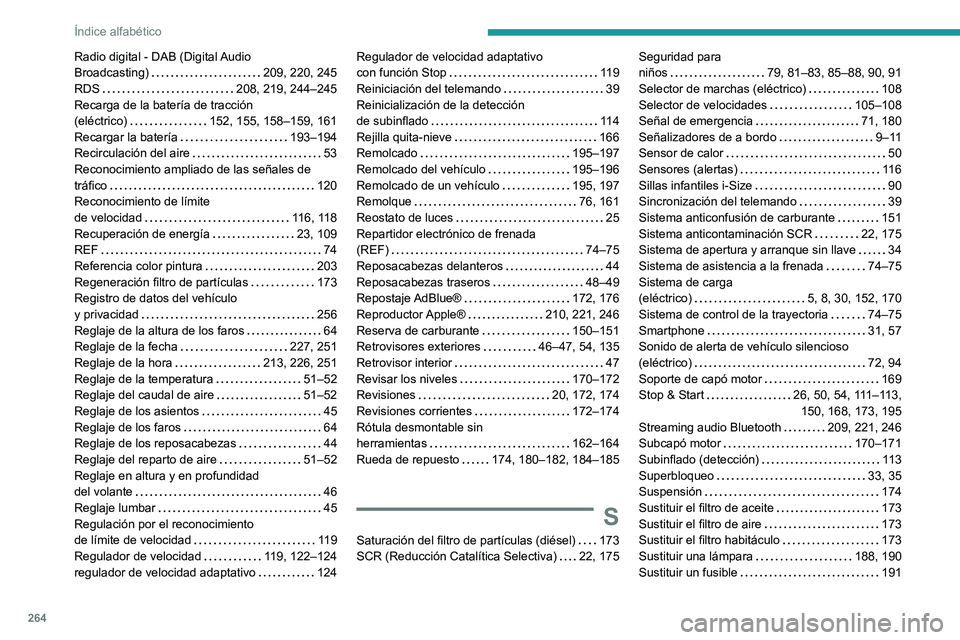 PEUGEOT 208 2021  Manual del propietario (in Spanish) 264
Índice alfabético
Radio digital - DAB (Digital Audio  
Broadcasting)    
209, 220, 245
RDS
    
208, 219, 244–245
Recarga de la batería de tracción  
(eléctrico)
    
152, 155, 158–159, 1