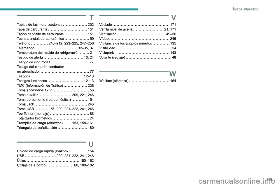 PEUGEOT 208 2021  Manual del propietario (in Spanish) 265
Índice alfabético
T
Tablas de las motorizaciones     202
Tapa de carburante     
151
Tapón depósito de carburante
    
151
Techo acristalado panorámico
    
59
Teléfono
    
210–212, 223
