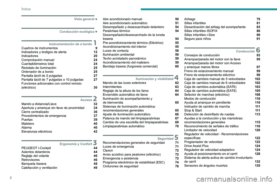 PEUGEOT 208 2021 Manual del propietario (in Spanish) 2
Índice
■
Vista general
■
Conducción ecológica
1Instrumentación de a bordoCuadros de instrumentos 9
Indicadores y testigos de alerta 12
Indicadores 20
Comprobación manual 24
Cue PEUGEOT 208 2021 Manual del propietario (in Spanish) 2
Índice
■
Vista general
■
Conducción ecológica
1Instrumentación de a bordoCuadros de instrumentos 9
Indicadores y testigos de alerta 12
Indicadores 20
Comprobación manual 24
Cue
