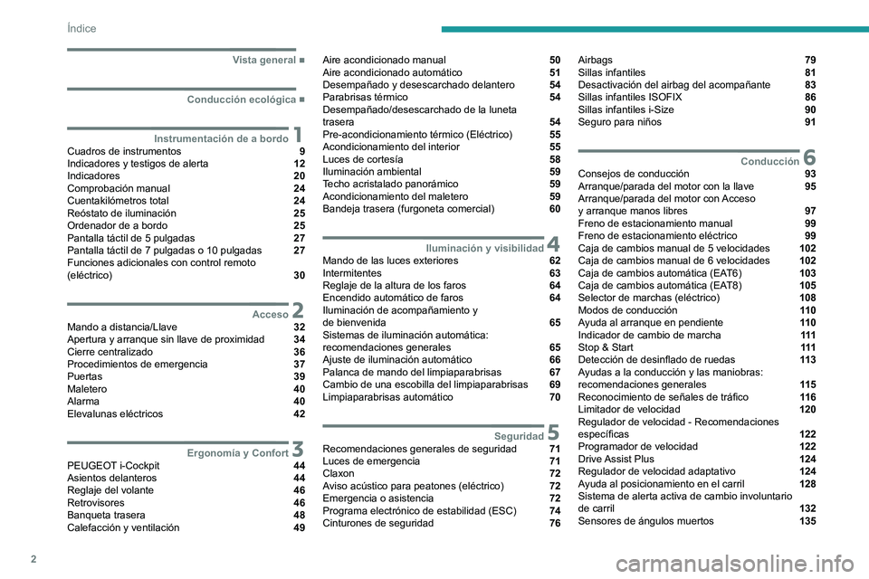 PEUGEOT 208 2021  Manual del propietario (in Spanish) 2
Índice
  ■
Vista general
  ■
Conducción ecológica
 1Instrumentación de a bordoCuadros de instrumentos  9
Indicadores y testigos de alerta  12
Indicadores  20
Comprobación manual  24
Cue