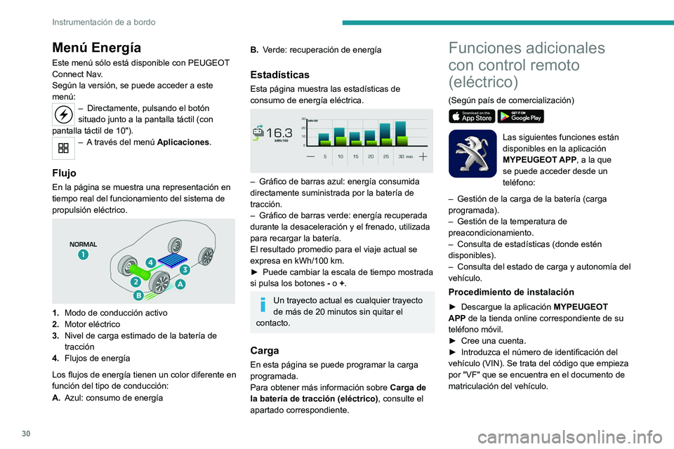 PEUGEOT 208 2021 Manual del propietario (in Spanish) 30
Instrumentación de a bordo
Menú Energía
Este menú sólo está disponible con PEUGEOT
Connect Nav .
Según la versión, se puede acceder a este
menú:
– Directamente, pulsando el botón
sit PEUGEOT 208 2021 Manual del propietario (in Spanish) 30
Instrumentación de a bordo
Menú Energía
Este menú sólo está disponible con PEUGEOT
Connect Nav .
Según la versión, se puede acceder a este
menú:
– Directamente, pulsando el botón
sit