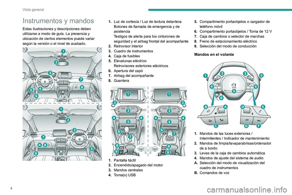 PEUGEOT 208 2021  Manual del propietario (in Spanish) 4
Vista general
Instrumentos y mandos
Estas ilustraciones y descripciones deben 
utilizarse a modo de guía. La presencia y 
ubicación de ciertos elementos puede variar 
según la versión o el nivel