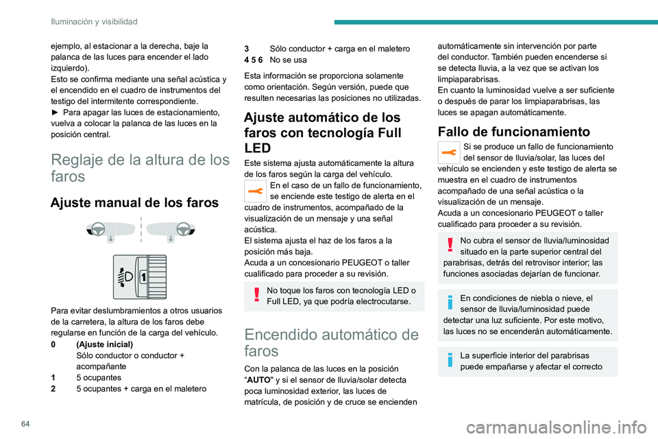 PEUGEOT 208 2021 Manual del propietario (in Spanish) 64
Iluminación y visibilidad
ejemplo, al estacionar a la derecha, baje la
palanca de las luces para encender el lado
izquierdo).
Esto se confirma mediante una señal acústica y
el encendido en el PEUGEOT 208 2021 Manual del propietario (in Spanish) 64
Iluminación y visibilidad
ejemplo, al estacionar a la derecha, baje la
palanca de las luces para encender el lado
izquierdo).
Esto se confirma mediante una señal acústica y
el encendido en el