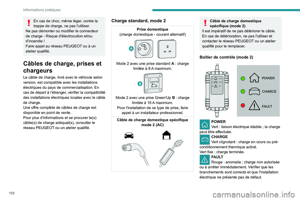 PEUGEOT 208 2021  Manuel du propriétaire (in French) 150
Informations pratiques
En cas de choc, même léger, contre la 
trappe de charge, ne pas l'utiliser.
Ne pas démonter ou modifier le connecteur 
de charge
  - Risque d'électrocution et/ou
