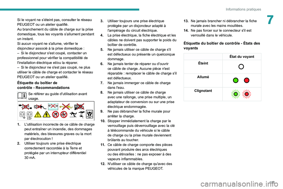 PEUGEOT 208 2021  Manuel du propriétaire (in French) 151
Informations pratiques
7Si le voyant ne s’éteint pas, consulter le réseau 
PEUGEOT ou un atelier qualifié.
Au branchement du câble de charge sur la prise 
domestique, tous les voyants s’al