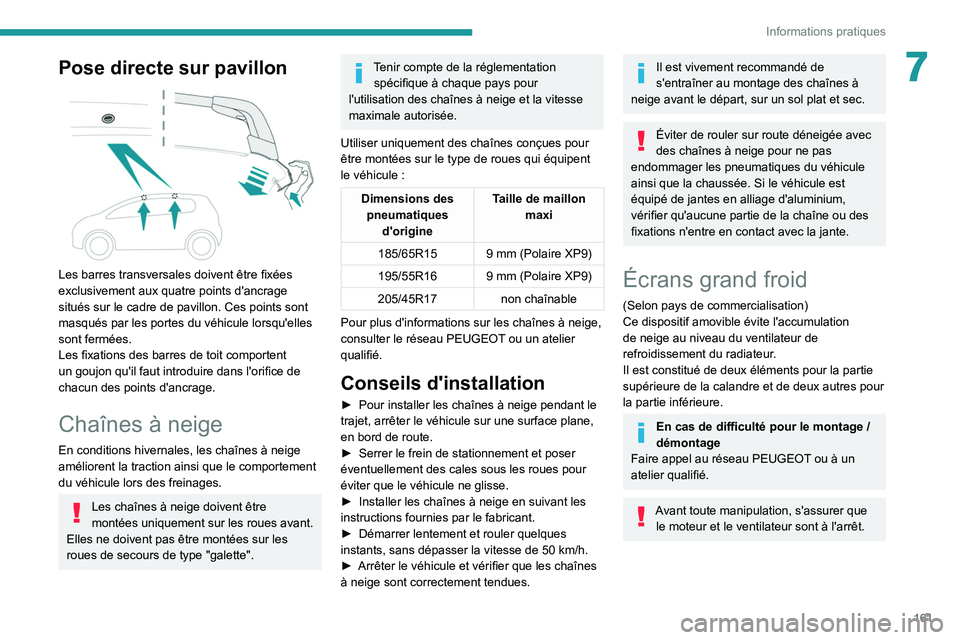 PEUGEOT 208 2021  Manuel du propriétaire (in French) 161
Informations pratiques
7Pose directe sur pavillon 
 
Les barres transversales doivent être fixées 
exclusivement aux quatre points d'ancrage 
situés sur le cadre de pavillon. Ces points son