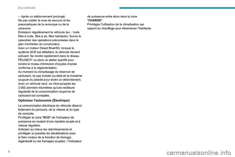 PEUGEOT 208 2021  Manuel du propriétaire (in French) 8
Eco-conduite
– Après un stationnement prolongé.
Ne pas oublier la roue de secours et les 
pneumatiques de la remorque ou de la 
caravane.
Entretenir régulièrement le véhicule (ex.
  : huile, 