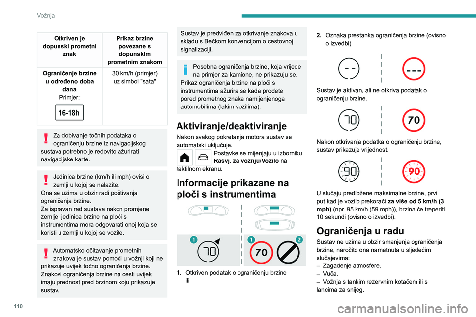 PEUGEOT 208 2021  Upute Za Rukovanje (in Croatian) 11 0
Vožnja
– Guma popravljena priborom za privremeni 
popravak gume,
–  Mladi vozači.
Može se dogoditi da sustav ne prikaže 
ograničenje brzine ako ne otkrije prometni znak 
u određenom vre