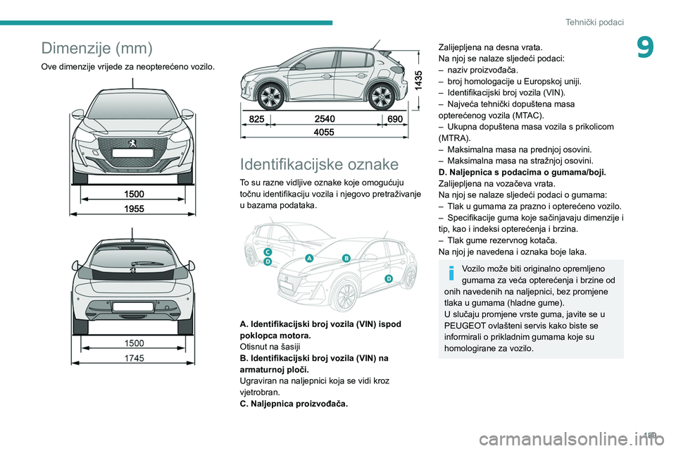 PEUGEOT 208 2021 Upute Za Rukovanje (in Croatian) 189
Tehnički podaci
9Dimenzije (mm)
Ove dimenzije vrijede za neopterećeno vozilo.
Identifikacijske oznake
To su razne vidljive oznake koje omogućuju
točnu identifikaciju vozila i njego PEUGEOT 208 2021 Upute Za Rukovanje (in Croatian) 189
Tehnički podaci
9Dimenzije (mm)
Ove dimenzije vrijede za neopterećeno vozilo.
Identifikacijske oznake
To su razne vidljive oznake koje omogućuju
točnu identifikaciju vozila i njego