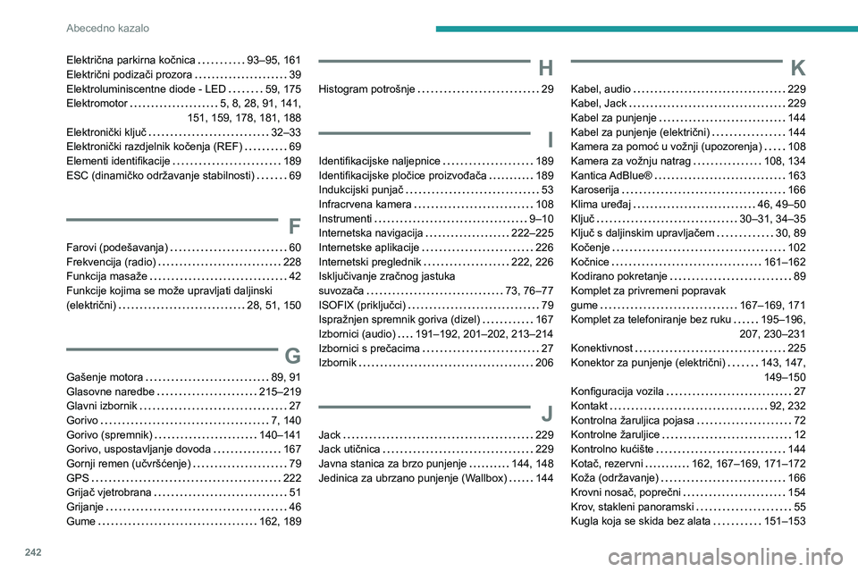 PEUGEOT 208 2021  Upute Za Rukovanje (in Croatian) 242
Abecedno kazalo
Električna parkirna kočnica     93–95, 161
Električni podizači prozora     
39
Elektroluminiscentne diode - LED
    
59, 175
Elektromotor
    
5, 8, 28, 91, 141,  
151, 159, 