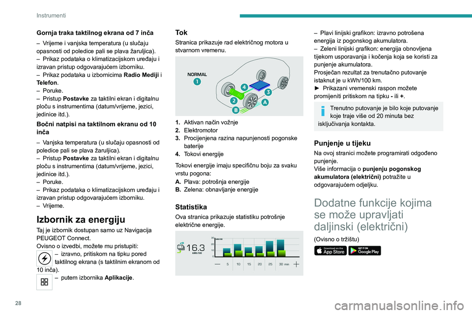 PEUGEOT 208 2021  Upute Za Rukovanje (in Croatian) 28
Instrumenti
Sljedeće funkcije dostupne 
su u aplikaciji MYPEUGEOT 
APP kojoj možete pristupiti s 
pametnog telefona:
–  Upravljanje napunjenosti akumulatora 
(odgođeno punjenje).
–  Upravlja