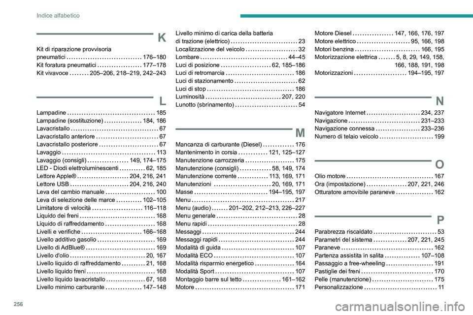 PEUGEOT 208 2021 Manuale duso (in Italian) 256
Indice alfabetico
K
Kit di riparazione provvisoria
pneumatici
176–180
Kit foratura pneumatici
177–178
Kit vivavoce
205–206, 218–219, 242–243
L
Lampadine 185
Lampadine PEUGEOT 208 2021 Manuale duso (in Italian) 256
Indice alfabetico
K
Kit di riparazione provvisoria
pneumatici
176–180
Kit foratura pneumatici
177–178
Kit vivavoce
205–206, 218–219, 242–243
L
Lampadine 185
Lampadine