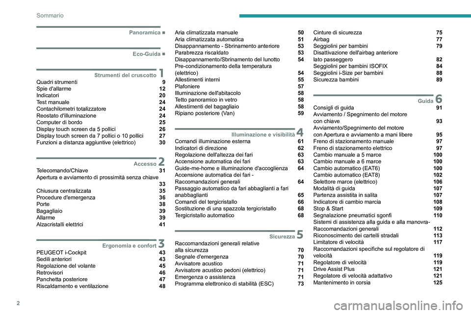 PEUGEOT 208 2021  Manuale duso (in Italian) 2
Sommario
  ■
Panoramica
  ■
Eco-Guida
 1Strumenti del cruscottoQuadri strumenti  9
Spie d'allarme  12
Indicatori  20
Test manuale  24
Contachilometri totalizzatore  24
Reostato d'ill