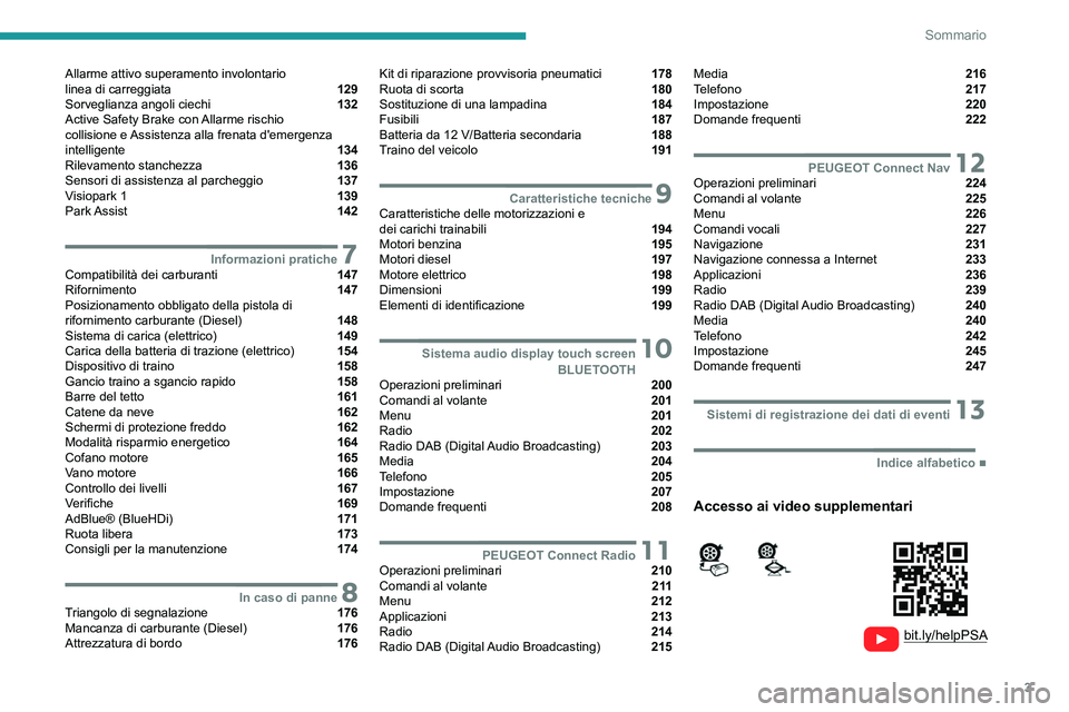 PEUGEOT 208 2021  Manuale duso (in Italian) 3
Sommario
  
  
 
 
 
 
Allarme attivo superamento involontario  
linea di carreggiata  129
Sorveglianza angoli ciechi  132
Active Safety Brake con Allarme rischio  
collisione e Assistenza alla fren