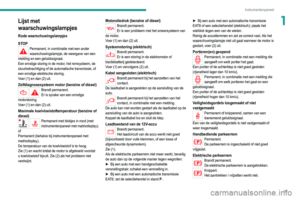 PEUGEOT 208 2021  Instructieboekje (in Dutch) 13
Instrumentenpaneel
1Lijst met 
waarschuwingslampjes
Rode waarschuwingslampjes
STOP
Permanent, in combinatie met een ander waarschuwingslampje, de weergave van een 
melding en een geluidssignaal.
Ee