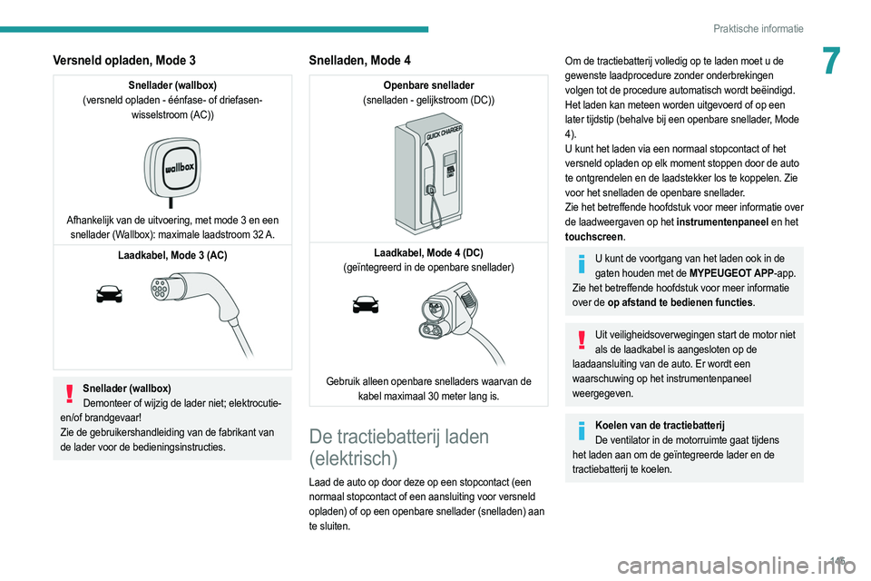 PEUGEOT 208 2021  Instructieboekje (in Dutch) 145
Praktische informatie
7Versneld opladen, Mode 3
Snellader (wallbox)
(versneld opladen - éénfase- of driefasen- wisselstroom (AC))
 
 
Afhankelijk van de uitvoering, met mode 3 en een snellader (