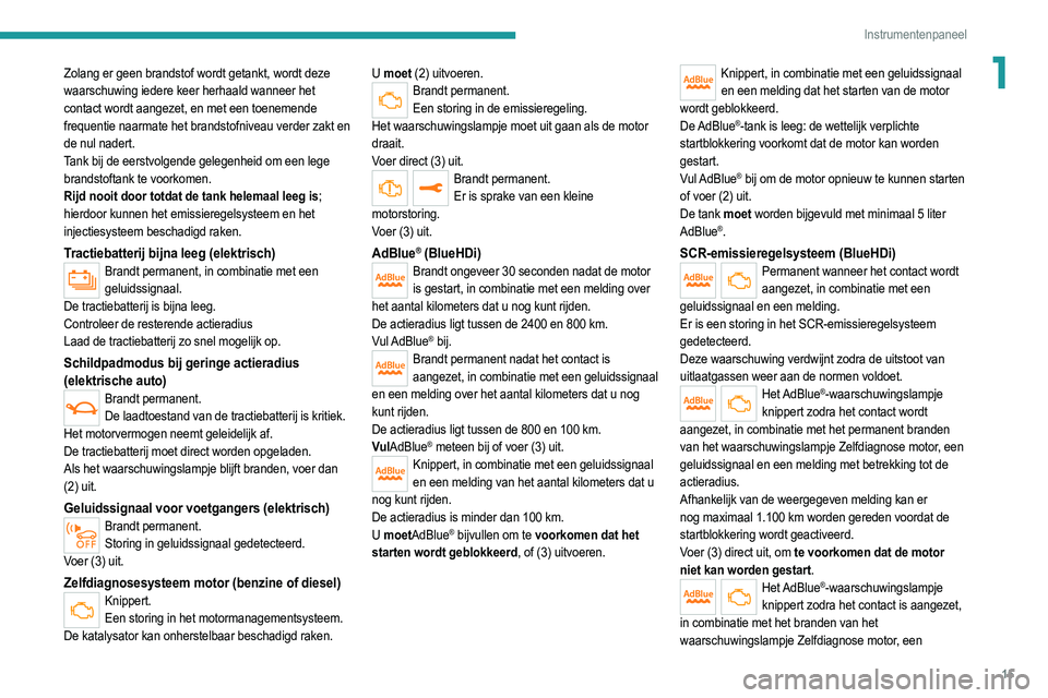 PEUGEOT 208 2021  Instructieboekje (in Dutch) 15
Instrumentenpaneel
1Zolang er geen brandstof wordt getankt, wordt deze 
waarschuwing iedere keer herhaald wanneer het 
contact wordt aangezet, en met een toenemende 
frequentie naarmate het brandst